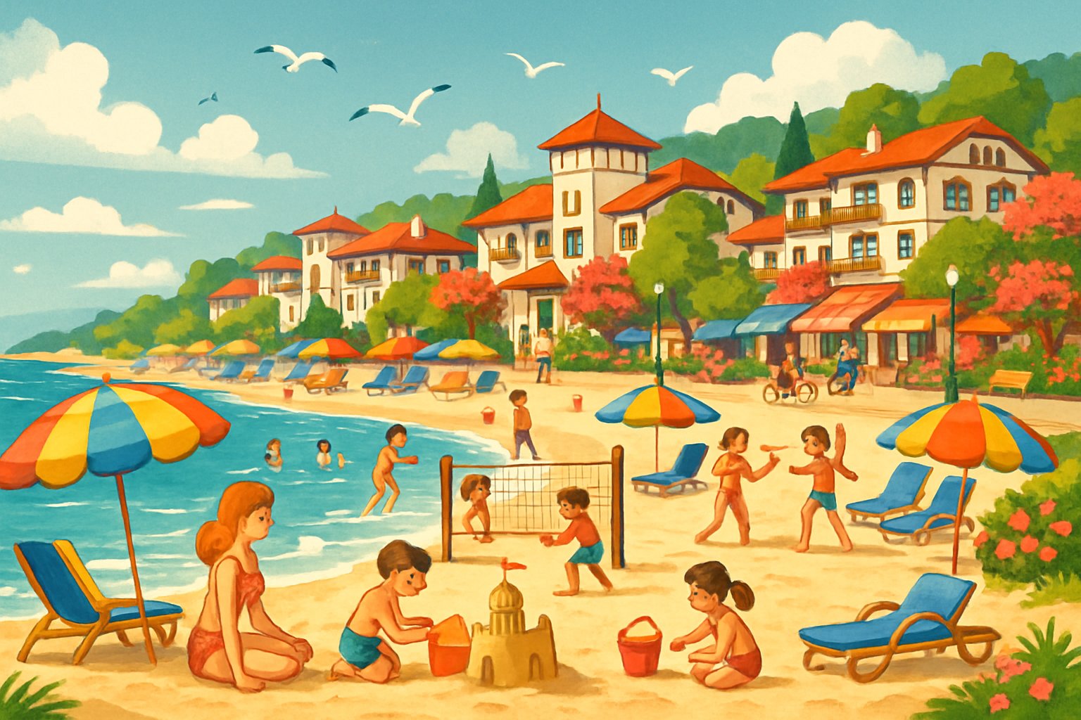 A sunny beach with families playing and relaxing near the sea, traditional resort buildings, green trees, and a promenade with people walking and cycling.