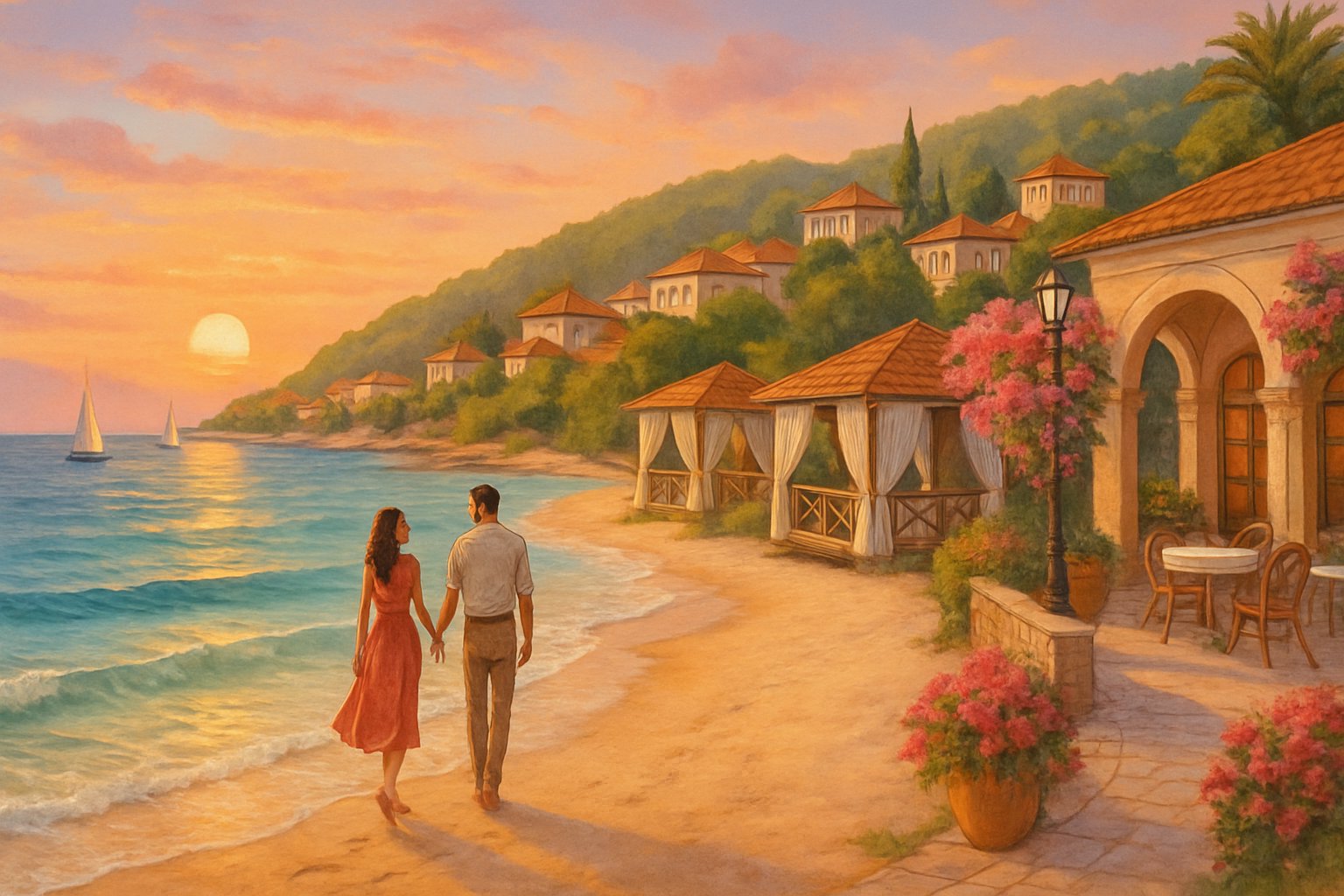 A couple walking hand-in-hand along a sandy beach at sunset with clear blue sea, coastal bungalows, green hills, and sailboats in the distance.