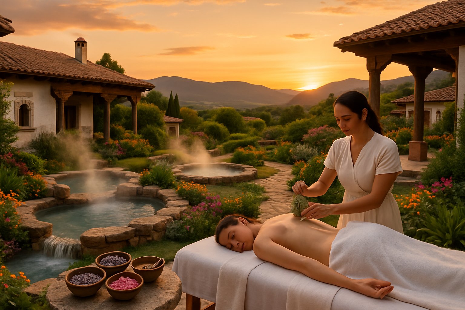 A peaceful outdoor spa with a therapist giving a herbal massage to a guest surrounded by natural stone pools, flowers, and Bulgarian countryside hills.