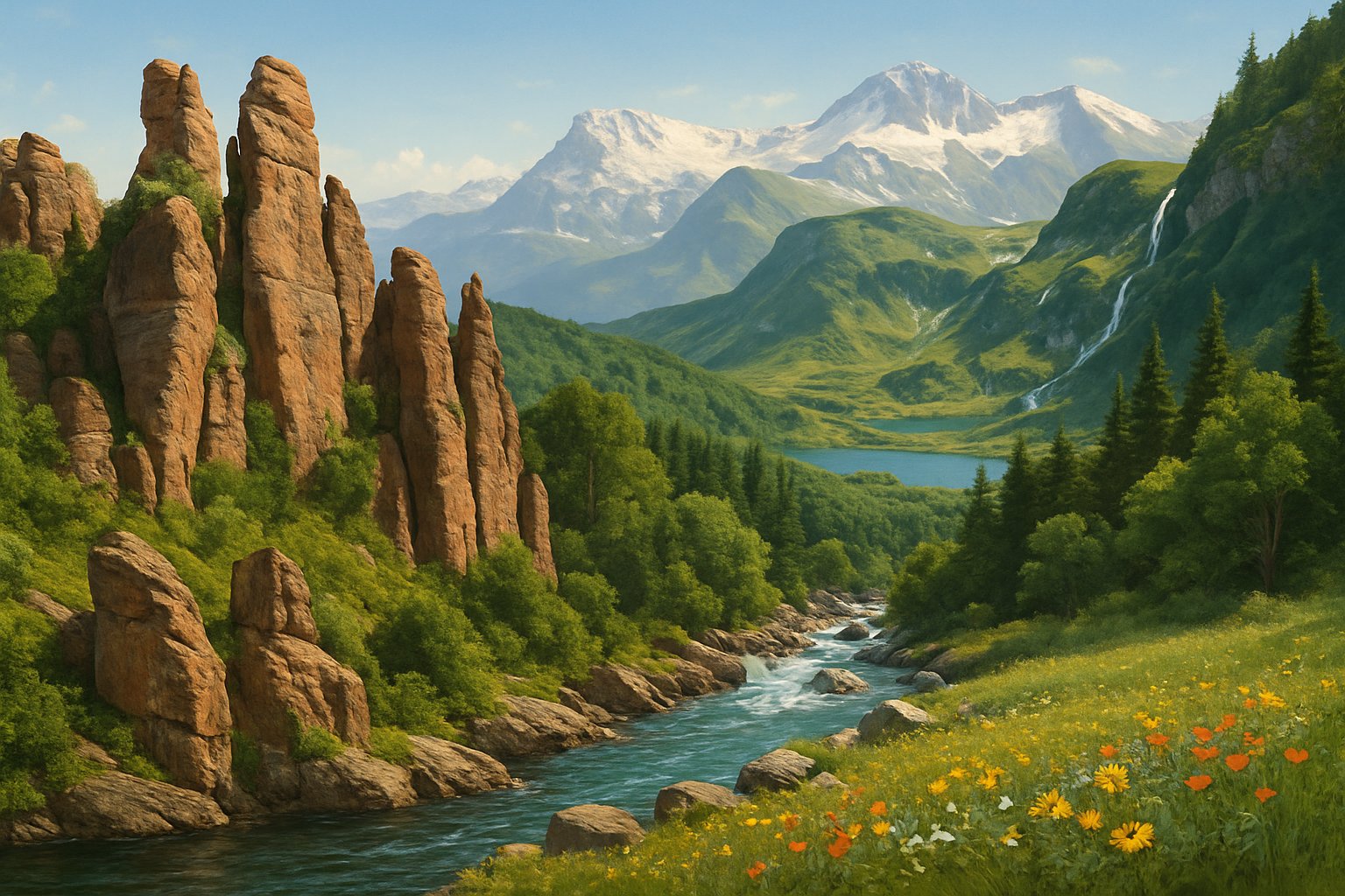 A panoramic view of Bulgaria's natural wonders including towering rock formations, cascading waterfalls, snow-capped mountains, clear lakes, and a flowing river surrounded by green forests and wildflowers.
