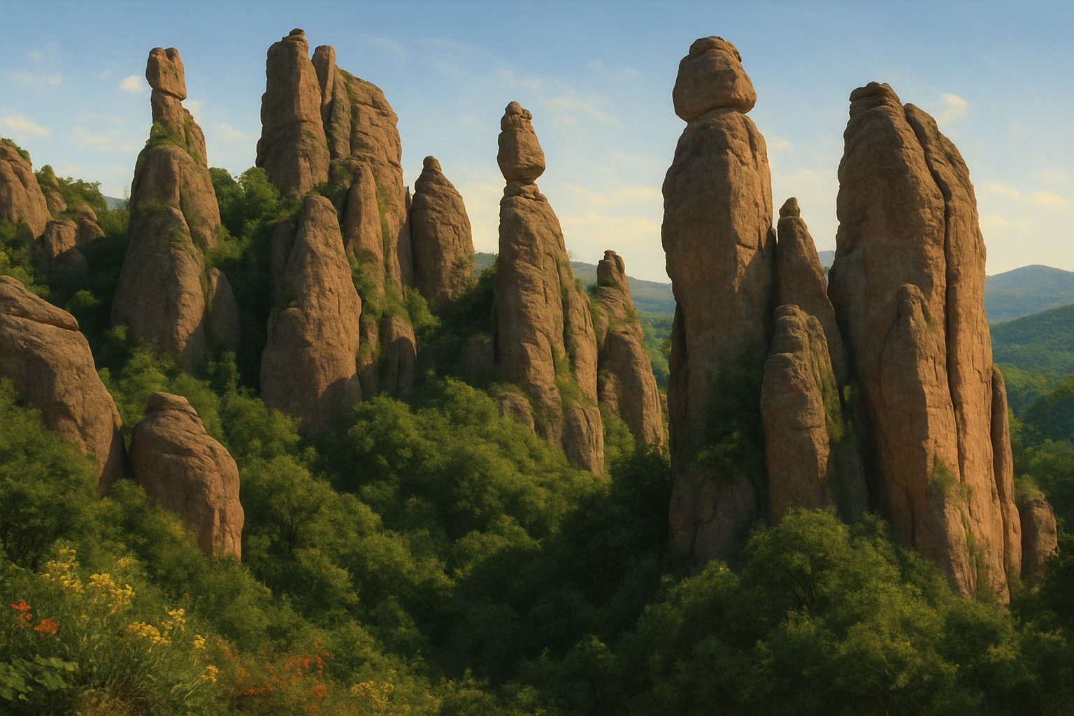 Tall, uniquely shaped rock formations rising from green forests and hills under a clear blue sky.