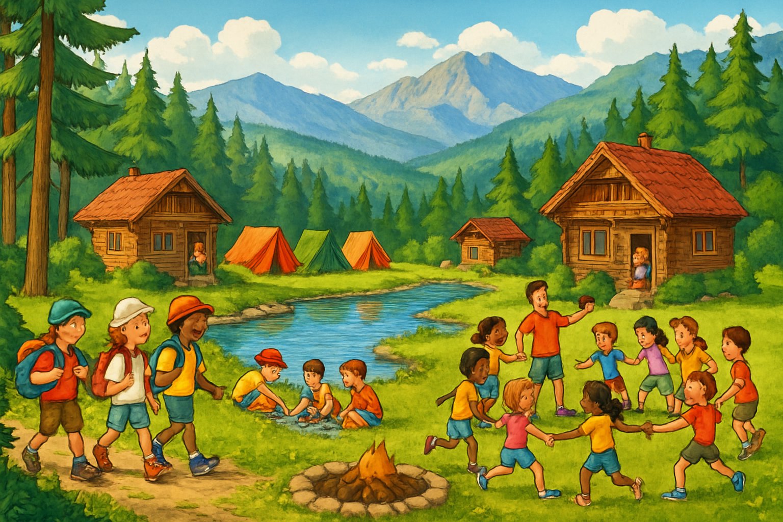 Children enjoying outdoor activities at a summer camp in the Bulgarian countryside with cabins, trees, mountains, and a lake.