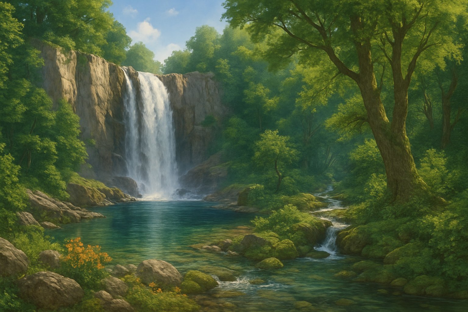 A waterfall flowing into a clear pool surrounded by green forests and hidden springs with small streams in a natural landscape.