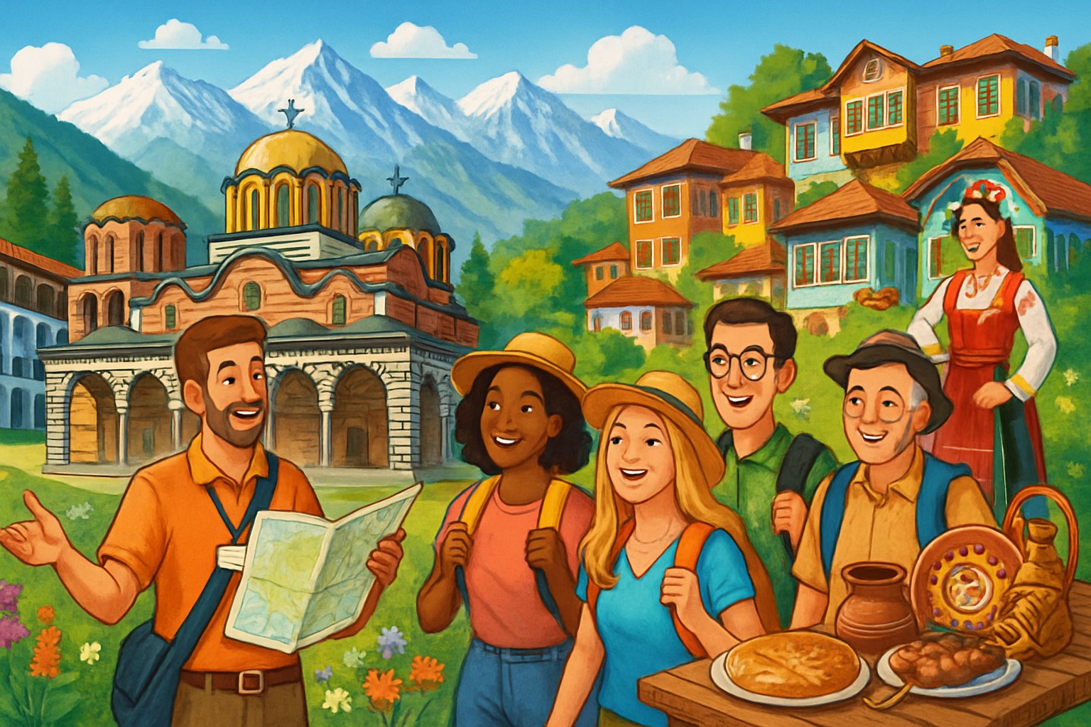 A group of tourists with a guide exploring famous Bulgarian landmarks surrounded by mountains and greenery, enjoying cultural experiences and local scenery.