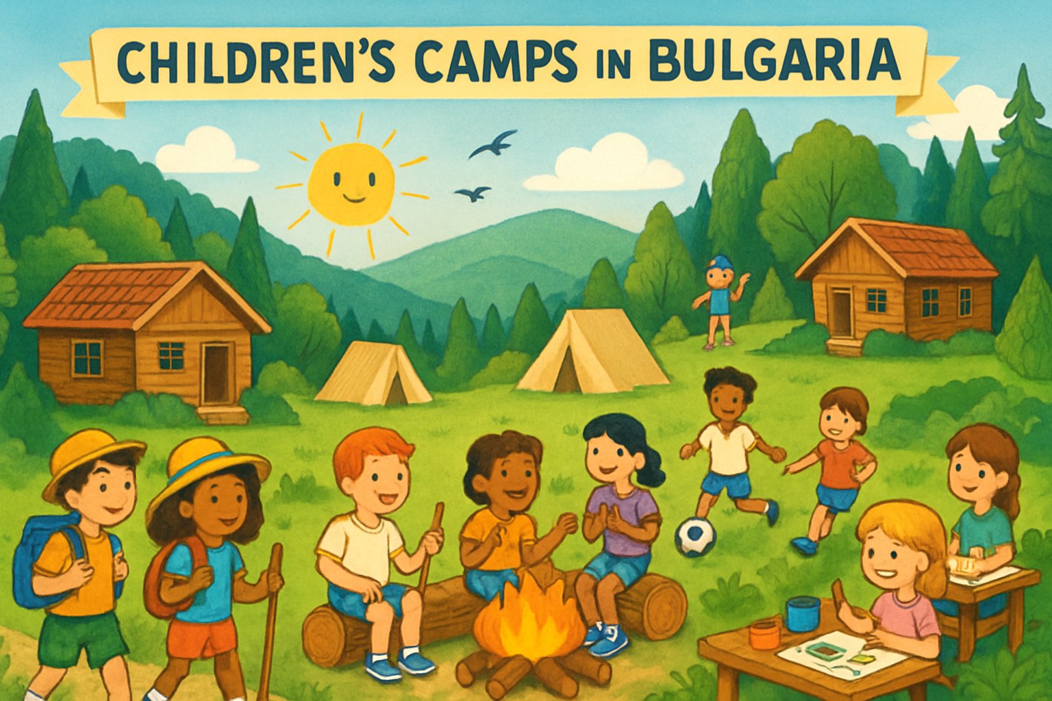 Children enjoying various outdoor activities at a summer camp in a green countryside with hills and forests.