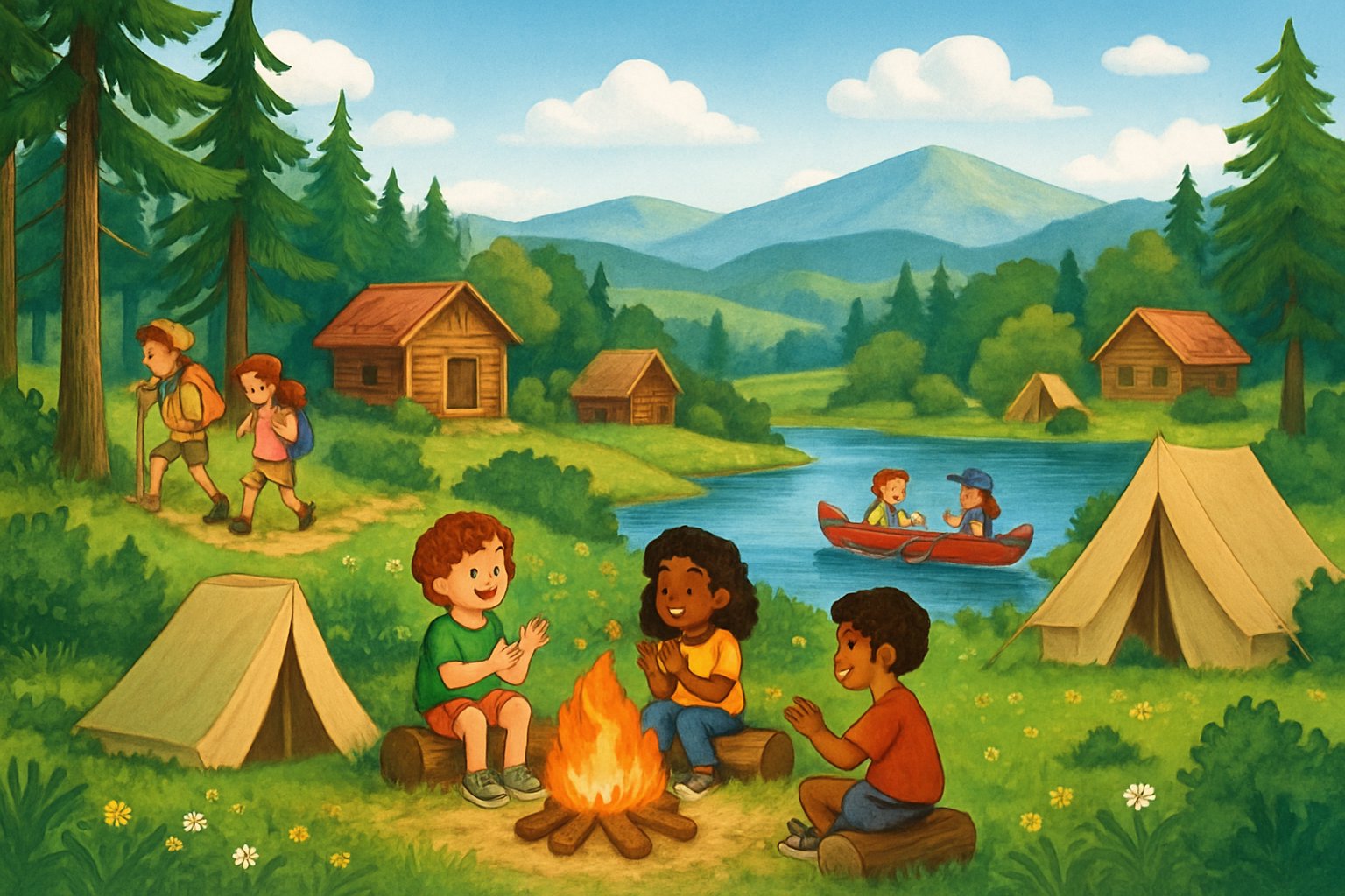 Children enjoying outdoor activities like hiking, canoeing, and sitting around a campfire in a forested and mountainous camp setting with cabins and tents near a lake.