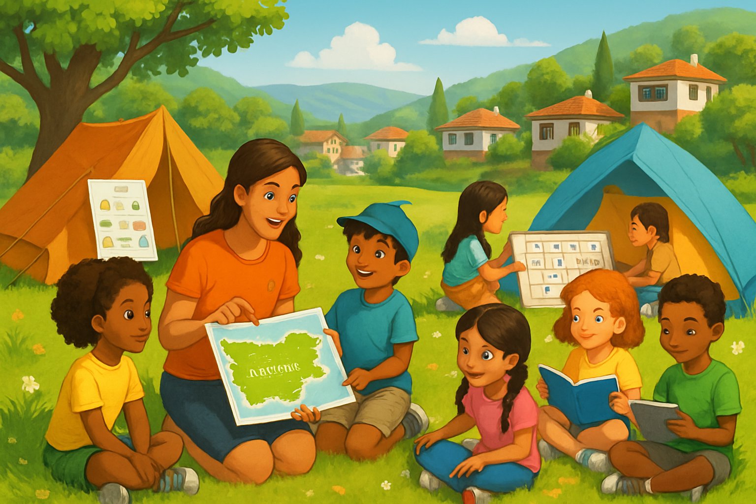 Children of different backgrounds learning and playing together outdoors at a summer camp in a green meadow near a Bulgarian village.