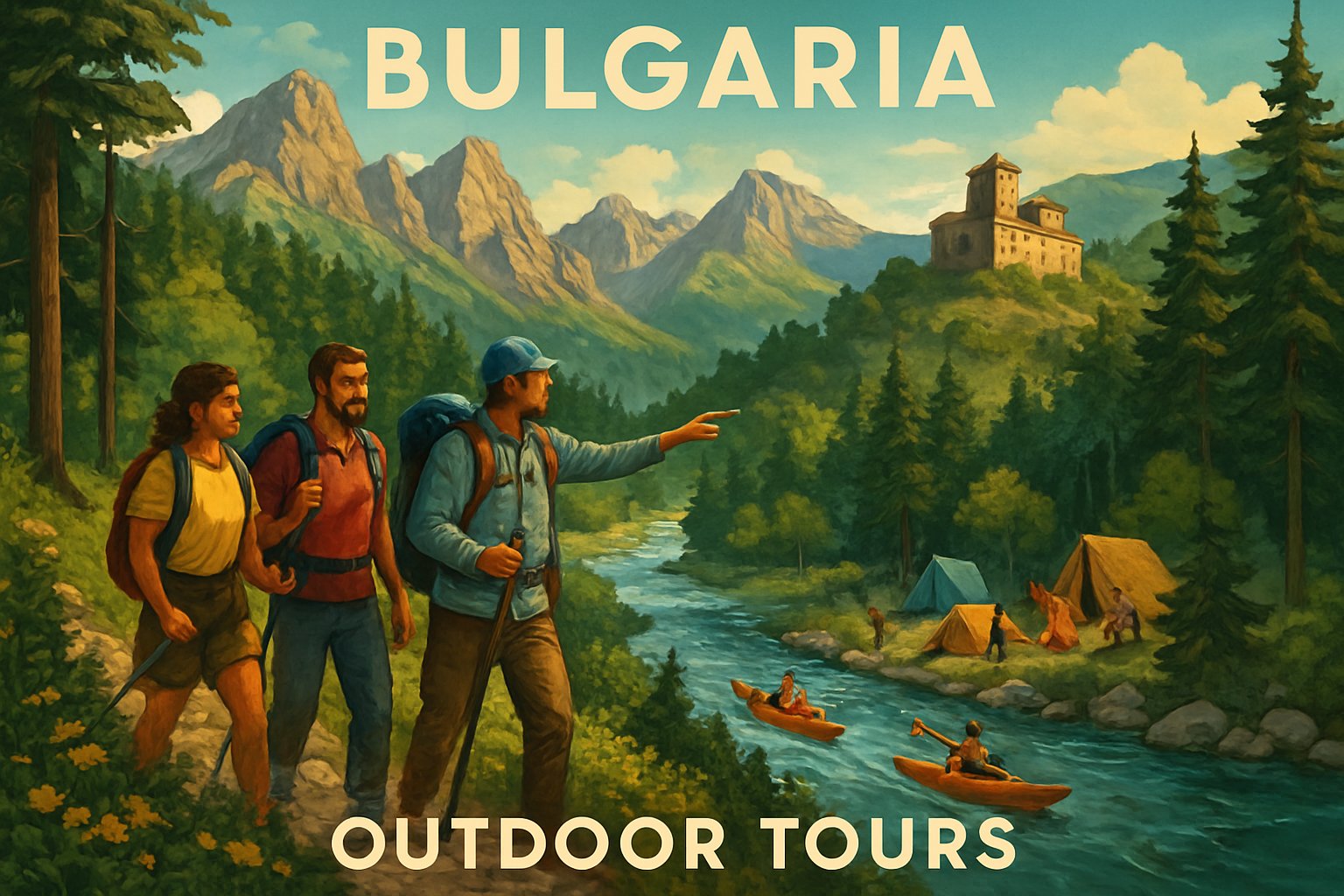 A group of hikers on a mountain trail surrounded by forests, a river with kayakers, a campsite with tents and a campfire, and a distant stone fortress on a hill.