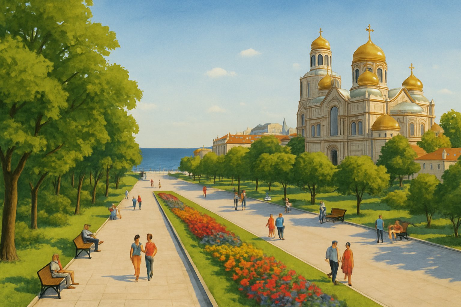 A coastal city scene showing a seaside park with trees, flowers, a promenade, a cathedral with golden domes, and the calm blue sea in the background under a clear sky.