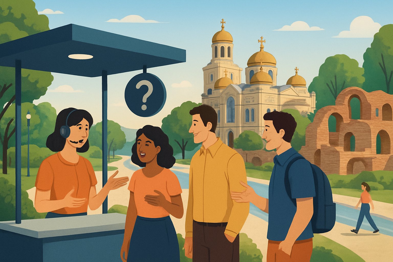 A coastal city scene of Varna, Bulgaria, showing landmarks like the Sea Garden, Varna Cathedral, and Roman Baths with people talking near an information kiosk.
