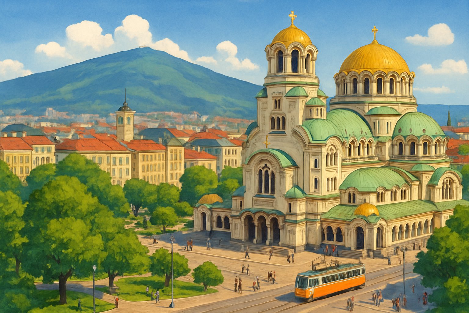 Cityscape of Sofia, Bulgaria featuring Alexander Nevsky Cathedral, green trees, city streets with people and trams, and mountains in the background.