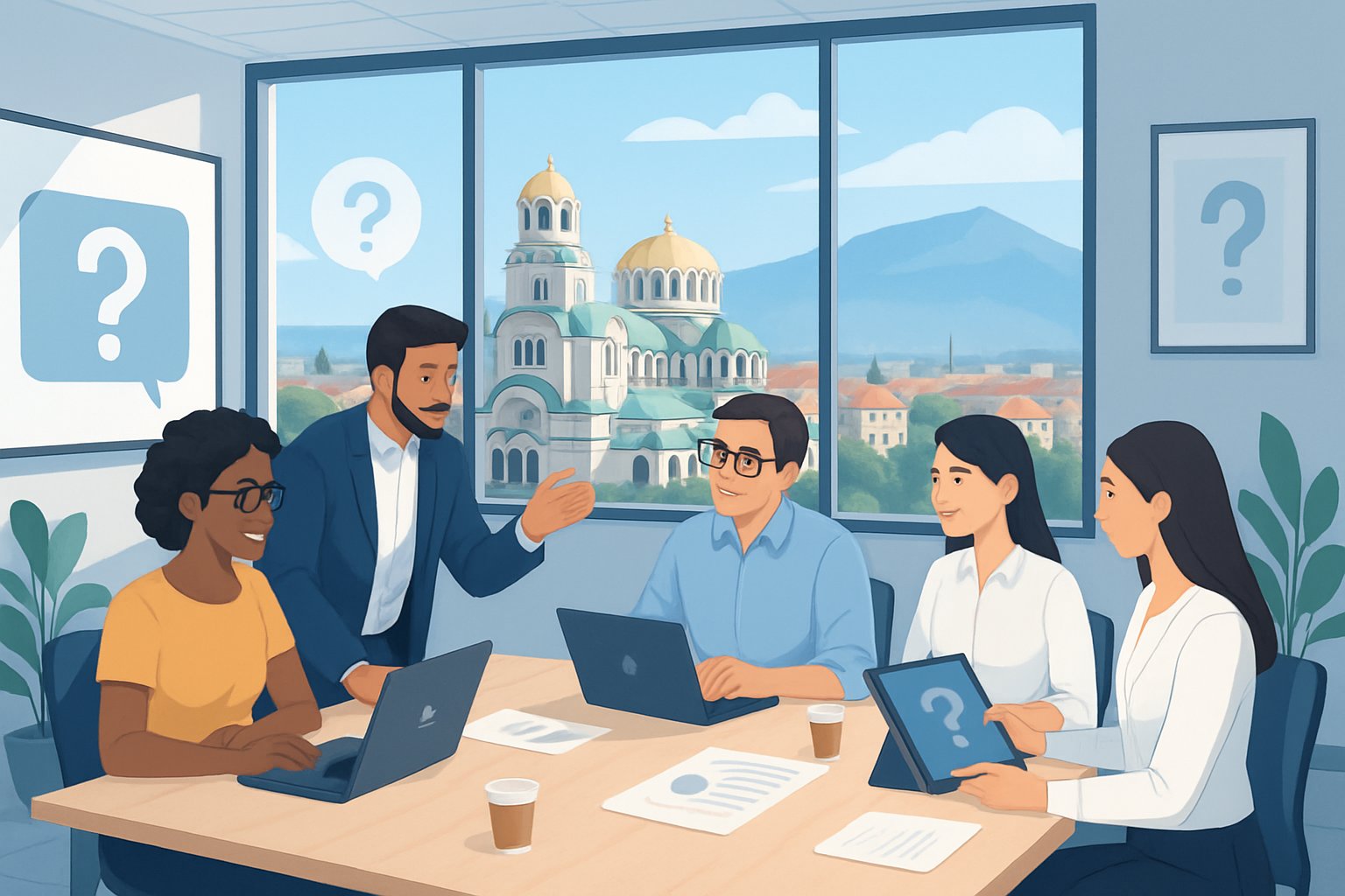 A group of people collaborating around a table in an office with a view of Sofia's cityscape, including a cathedral and mountains in the background.