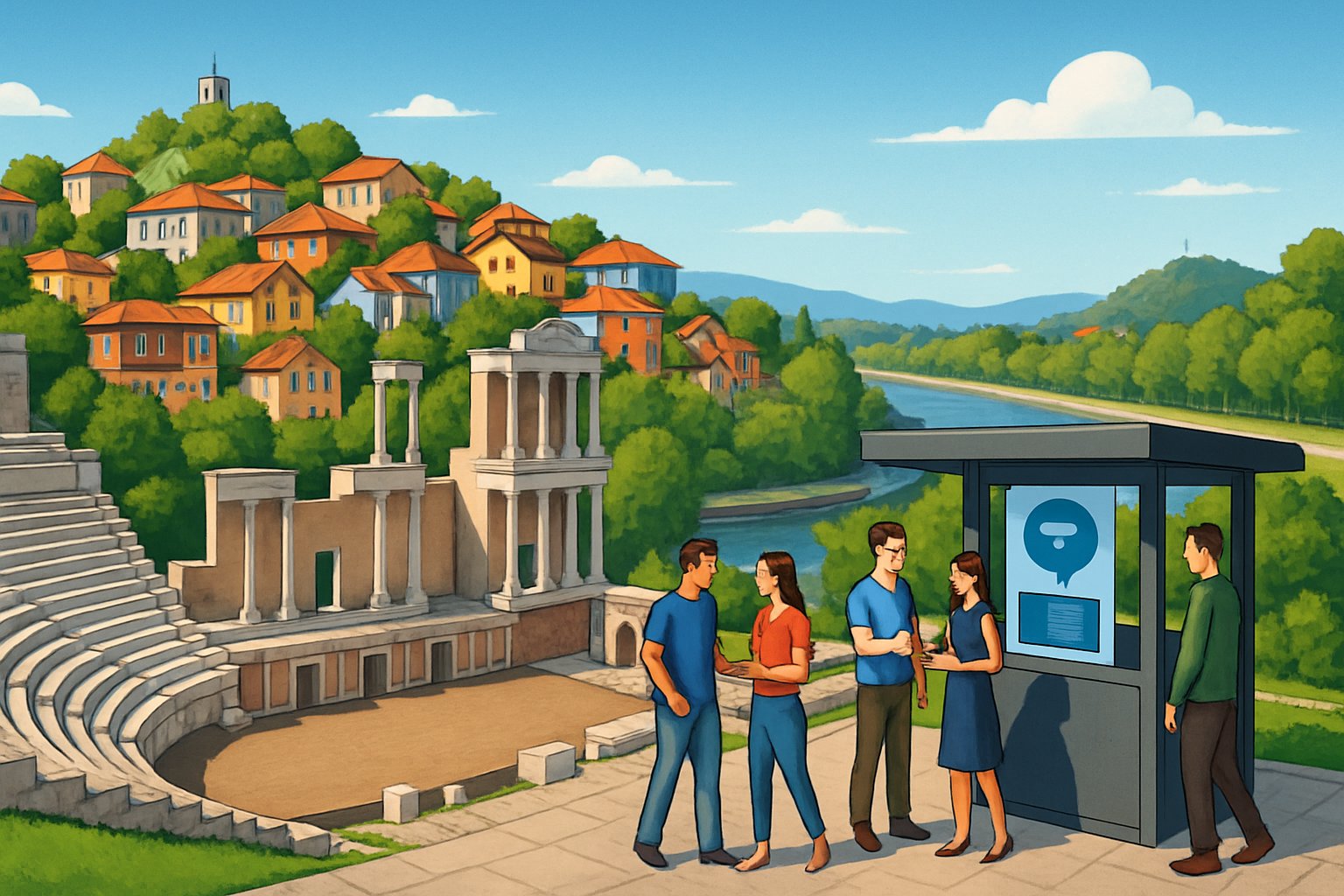 A cityscape of Plovdiv, Bulgaria, featuring historic buildings, a river, and people walking near an information kiosk on a sunny day.