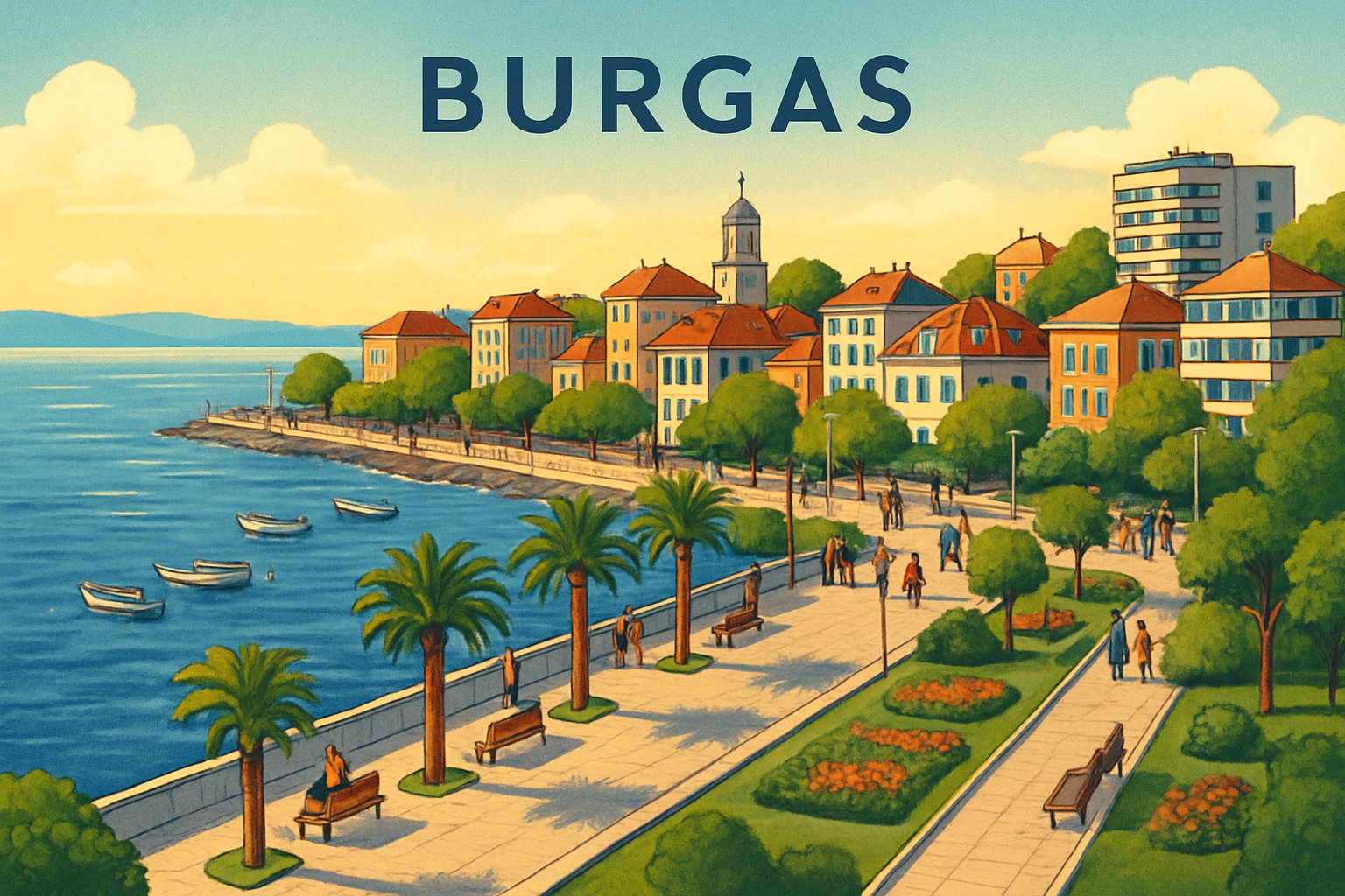 Coastal cityscape of Burgas, Bulgaria, showing a waterfront promenade, buildings, palm trees, and the Black Sea under a clear sky.