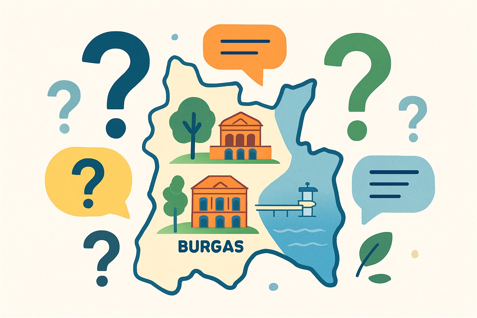 Illustration of a map of Burgas, Bulgaria, featuring landmarks like the Sea Garden and coastline, surrounded by question marks and speech bubbles representing frequently asked questions.
