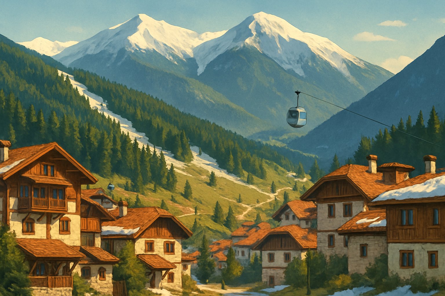 Scenic mountain town with wooden chalets, pine forests, ski slopes, and cable car ascending snowy peaks.