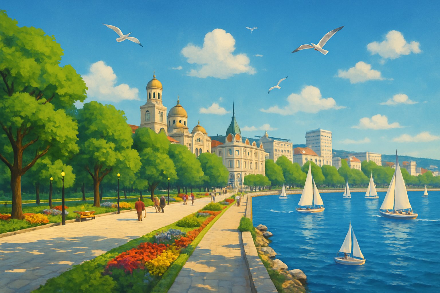 A coastal city with a waterfront promenade, trees, flowers, boats on the water, and a mix of historic and modern buildings under a blue sky.