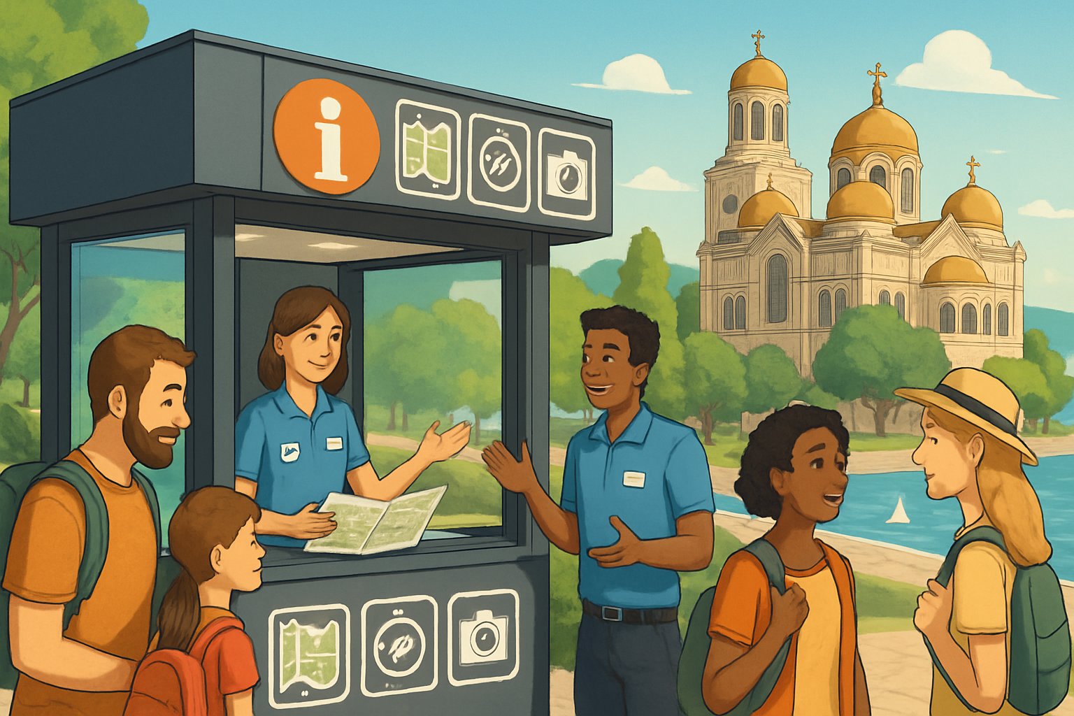Tourists interacting at an information kiosk in Varna with landmarks like a cathedral, park, and the sea in the background.