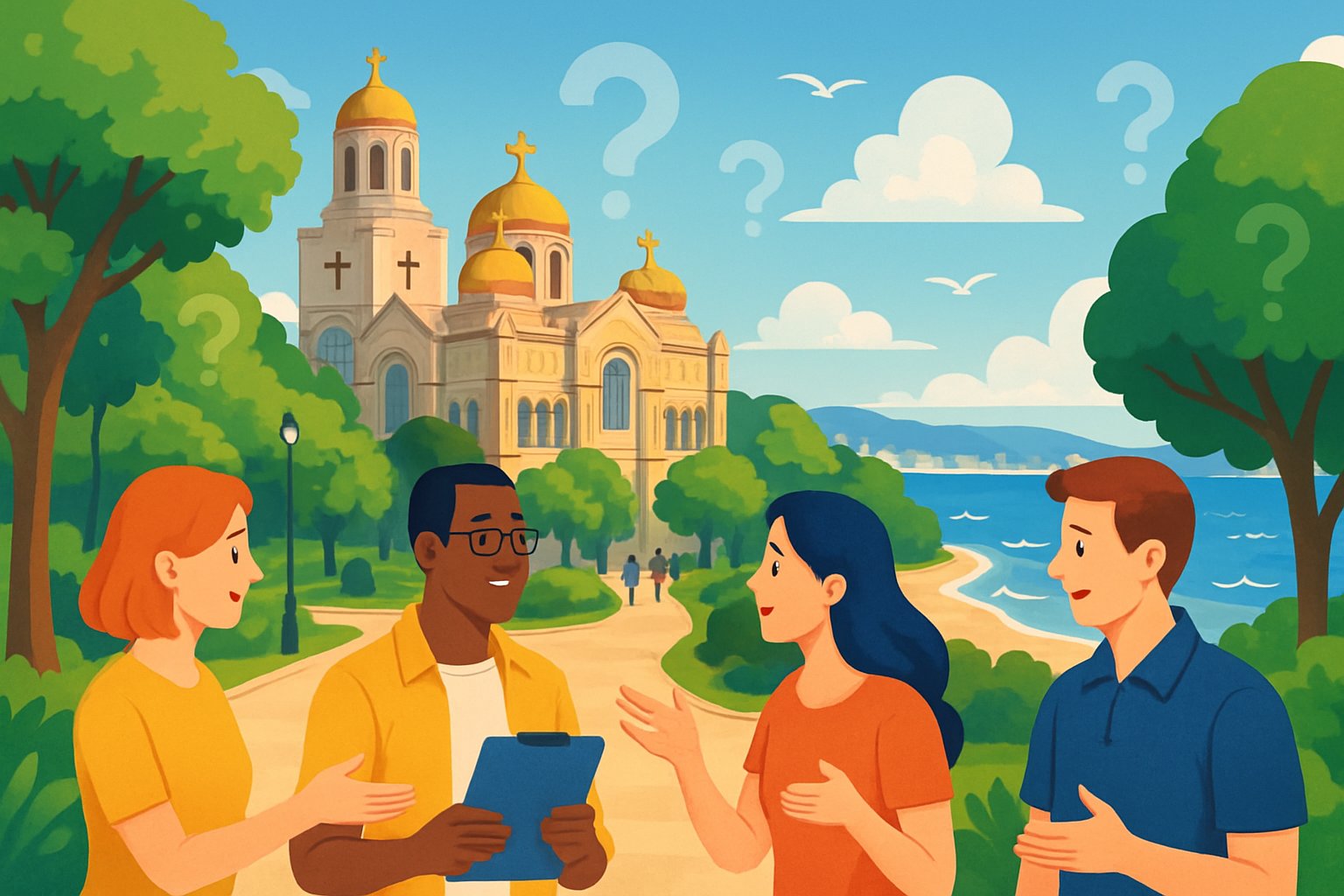 A coastal city scene showing Varna's cathedral, park, and seaside with people talking and sharing information outdoors.