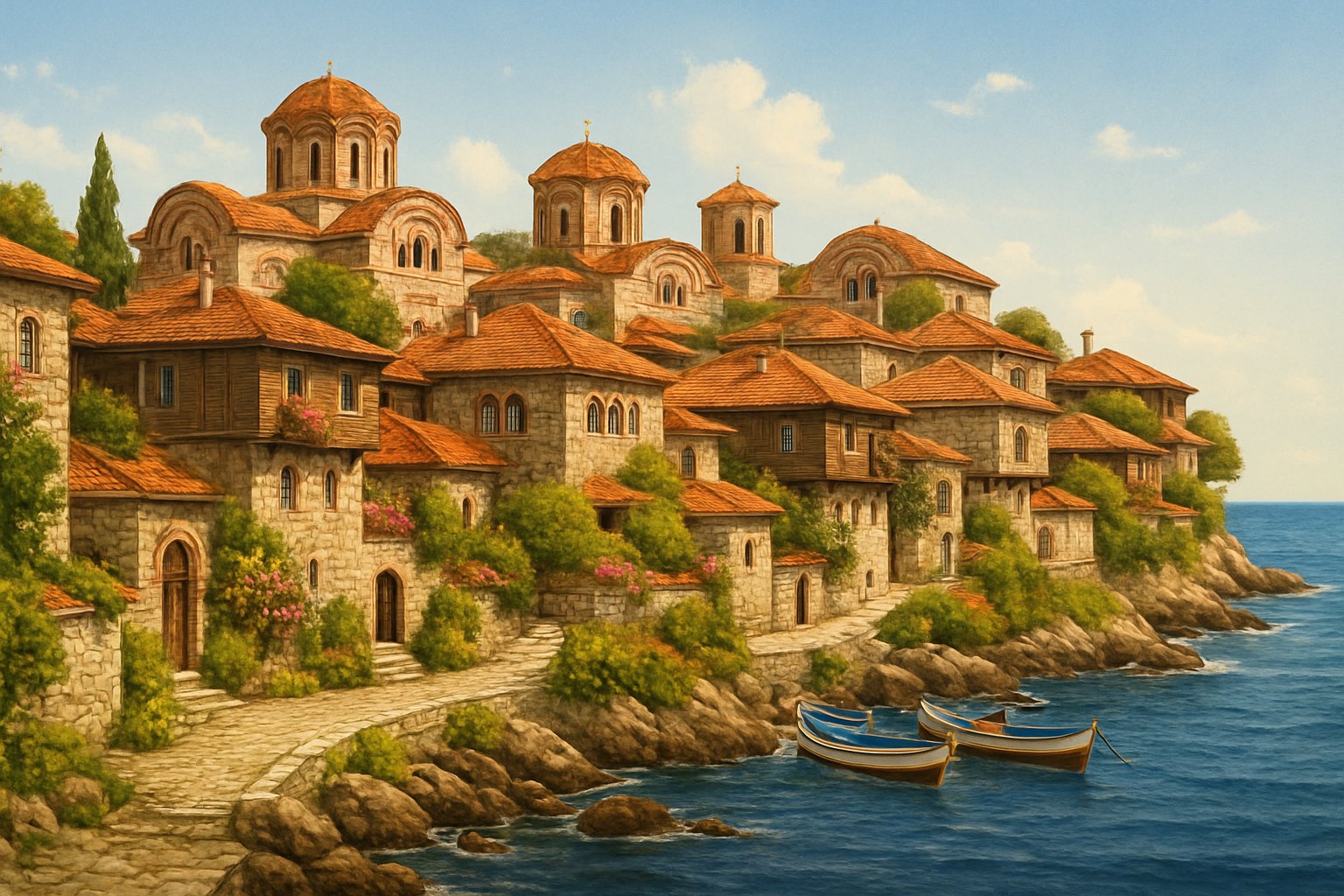 A coastal town with stone houses and red roofs on a rocky peninsula surrounded by calm blue sea under a clear sky.