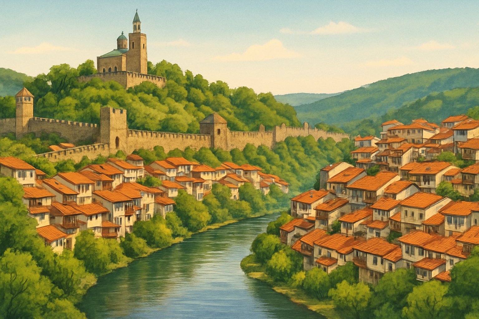 A historic city with a stone fortress on a hill, traditional houses with red roofs, a river flowing through, and surrounding greenery.