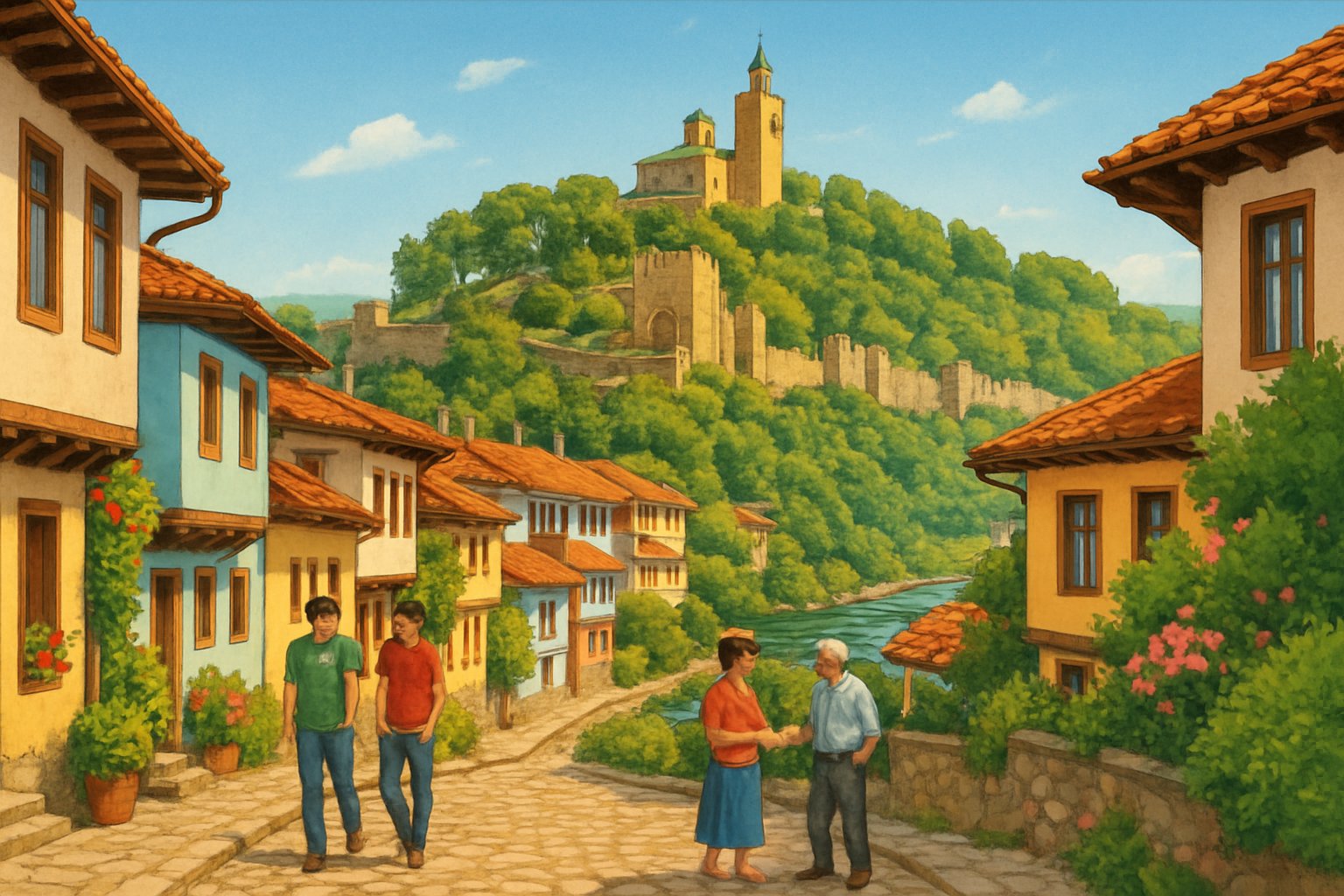 A scenic view of Veliko Tarnovo with a fortress on a hill, traditional houses, people walking, and greenery under a clear sky.