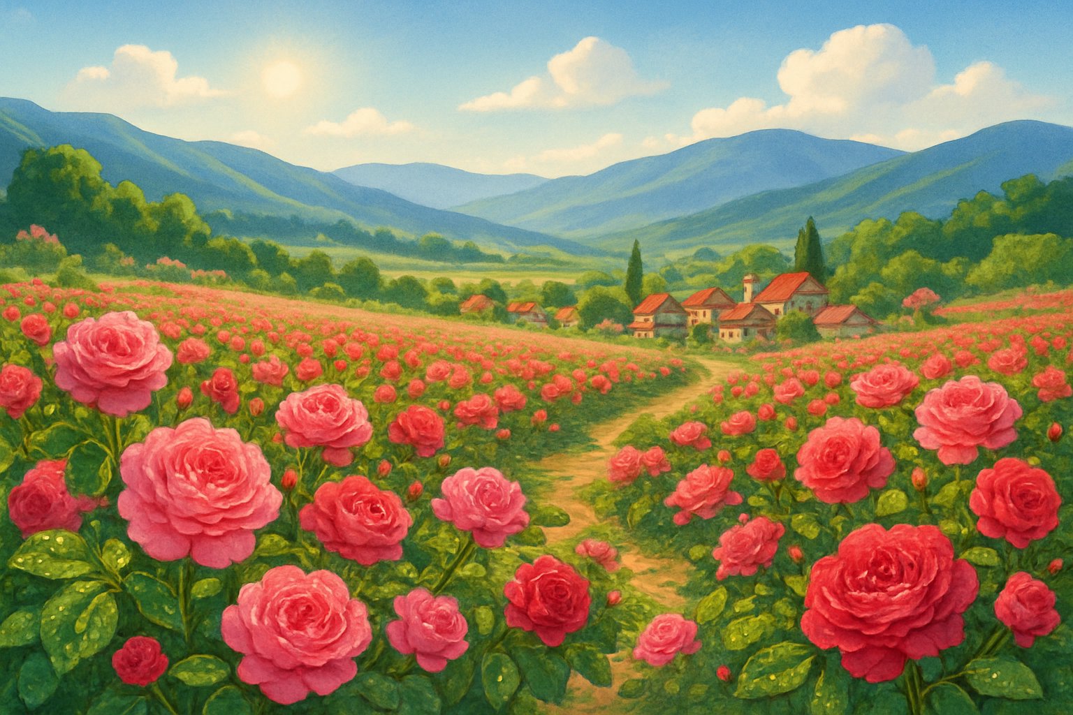 A scenic valley filled with blooming rose fields, rolling hills, and a small village under a bright, clear sky.