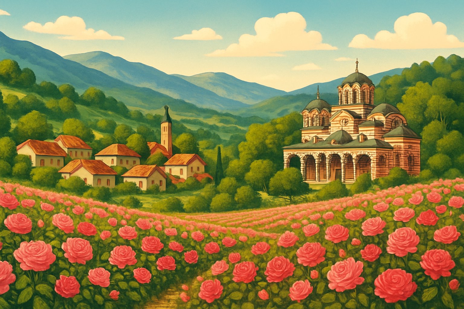 A scenic view of blooming rose fields, a Bulgarian village, a historic monastery, and mountains under a clear sky.