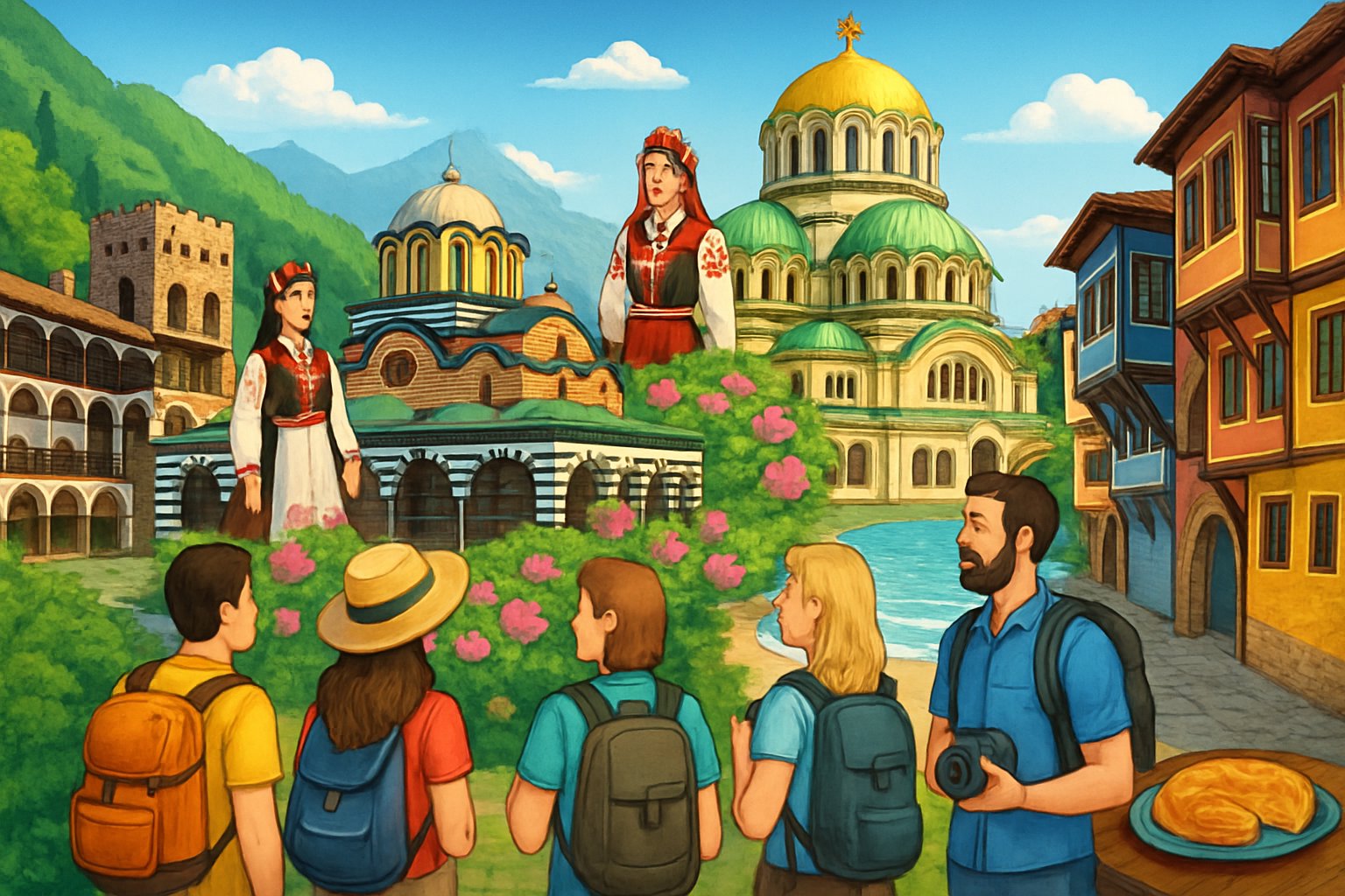 A scenic view of Bulgarian landmarks including a monastery in the mountains, a cathedral with golden domes, cobblestone streets with colorful houses, tourists exploring, and a coastline with sandy beaches.