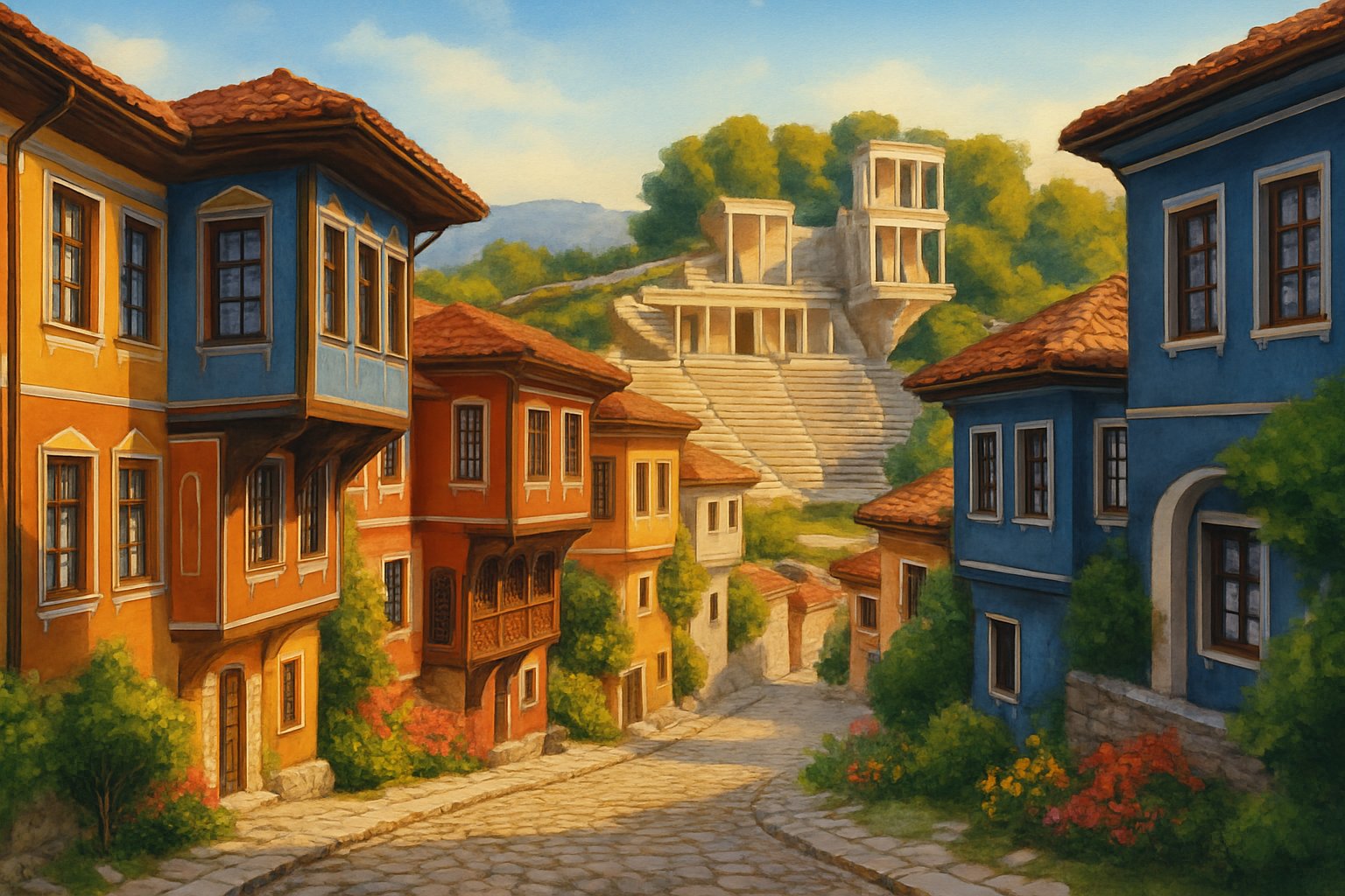 View of Plovdiv, Bulgaria, showing traditional houses, cobblestone streets, and the ancient Roman Theatre on a hillside under a clear sky.