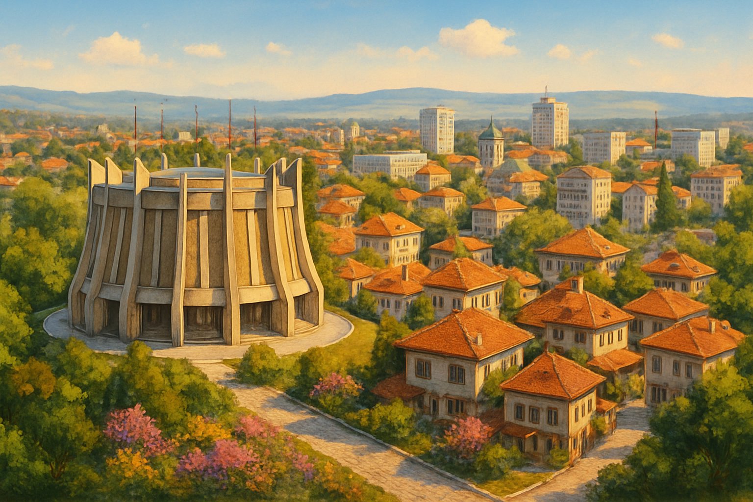 A panoramic view of Pleven, Bulgaria, featuring the Pleven Panorama monument, traditional houses, greenery, hills, and a clear blue sky.