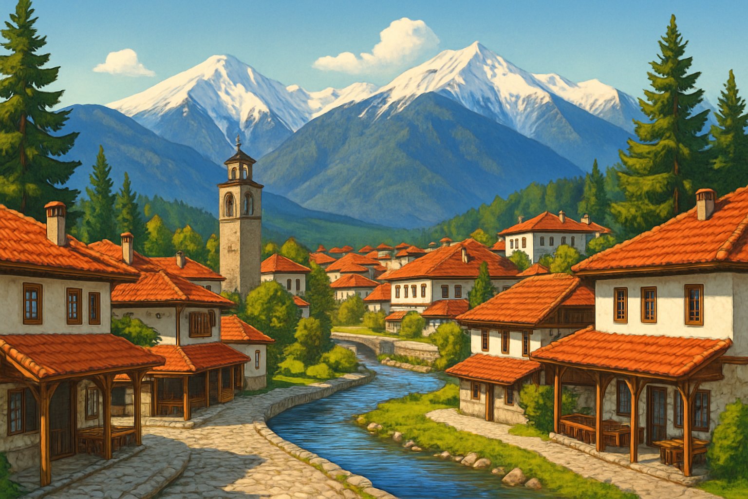 A mountain town with traditional buildings, cobblestone streets, pine trees, and snow-capped peaks in the background.