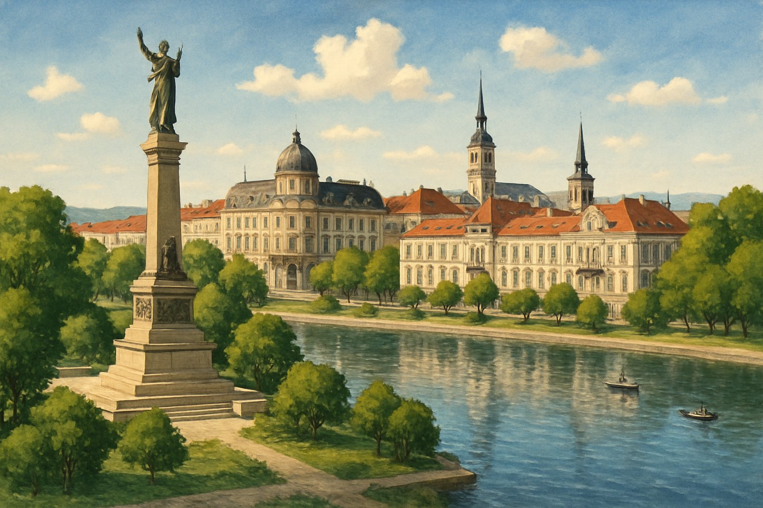 View of Ruse city by the Danube River with the Liberty Monument, historic buildings, trees, and boats on the water under a clear sky.